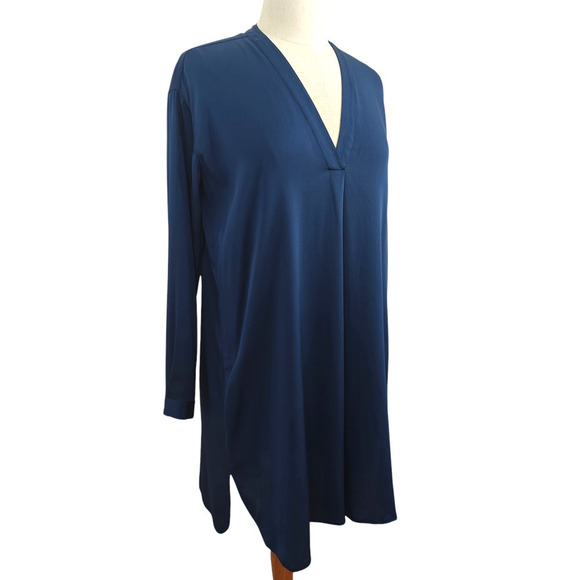 Vince Silk Tunic Shift Dress Size 2 Blue Stretch Pockets V-Neck L/S Minimalist - Picture 4 of 12